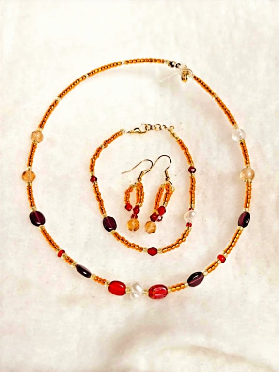 Glass beads Orange Necklace, Bracelet and Earrings Set, Boho Jewelry 