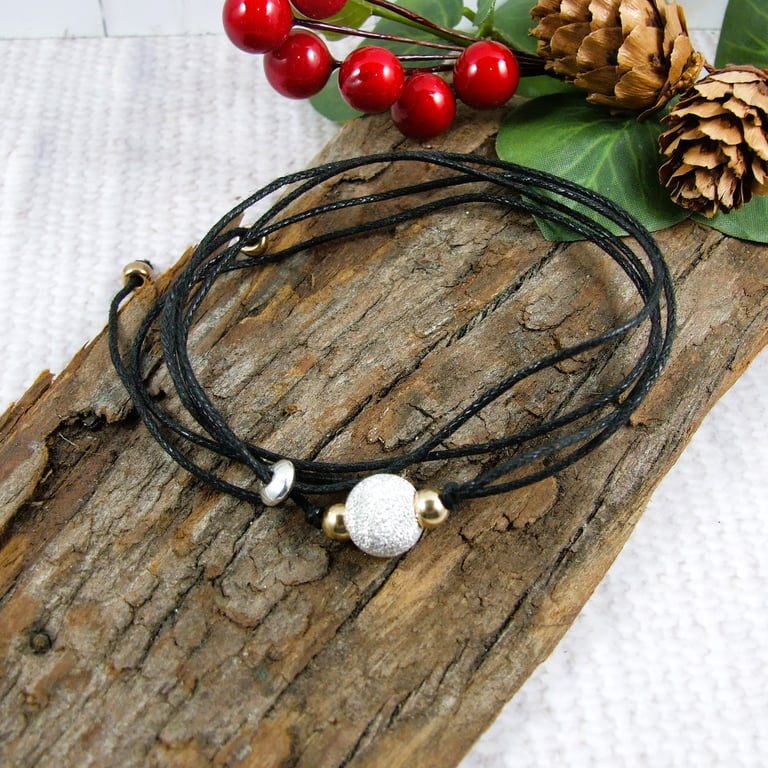 Wrap Bracelet with Sterling Silver Stardust and Gold Filled Beads on Waxed Cord