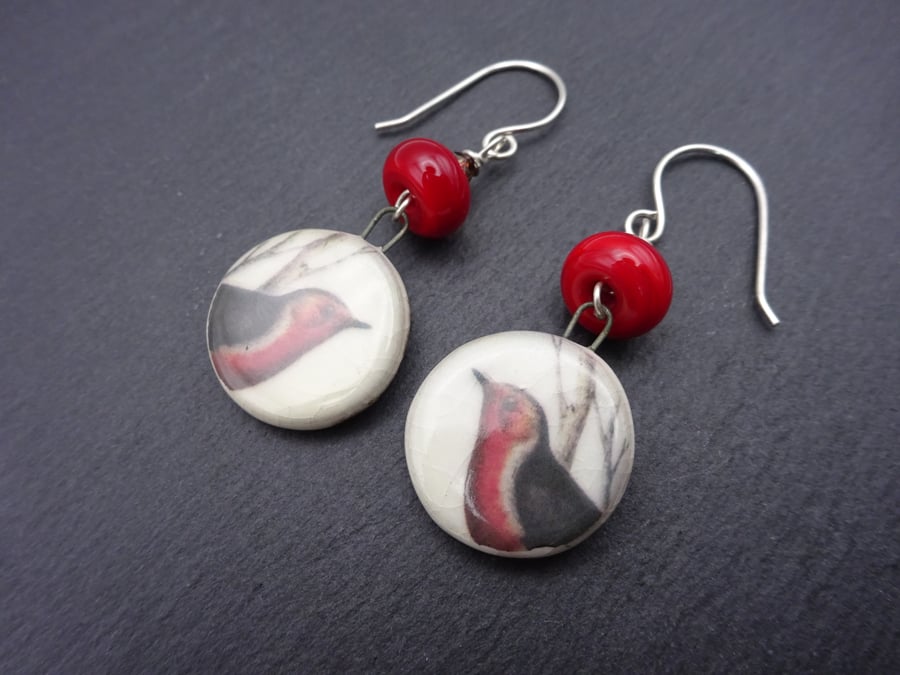 sterling silver earrings, red glass, ceramic bird 