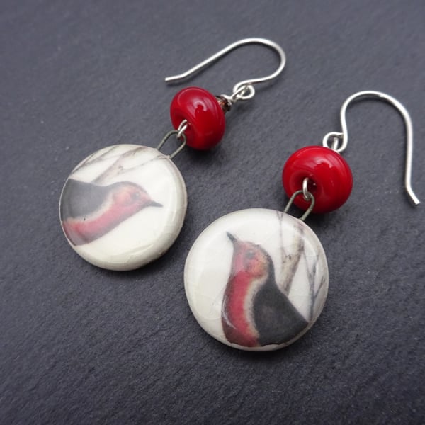 sterling silver earrings, red glass, ceramic bird 