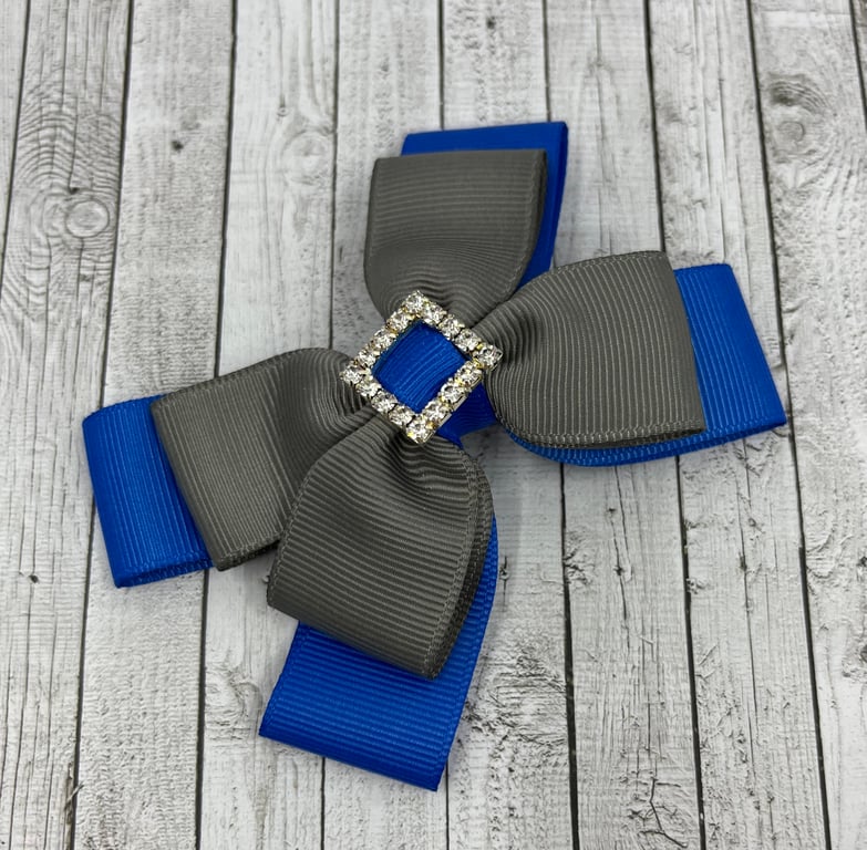 Royal Blue and Grey Double Layer Bow on Clip