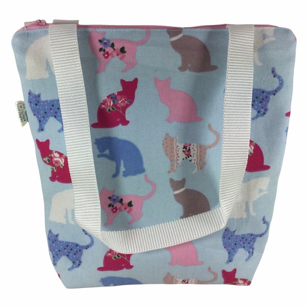 Small cats canvas tote bag with zip closure, cotton book purse, bag with pockets