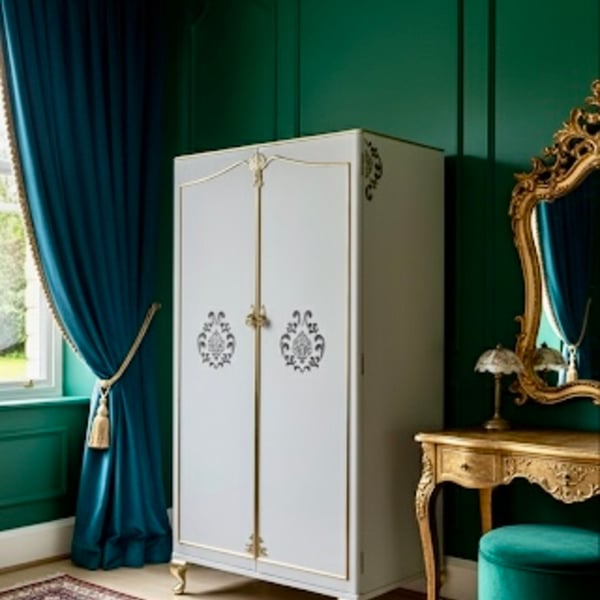 Vintage, Mid-Century  Restored Wardrobe Armoire: Grey and Golden Leaf Detail, Ha