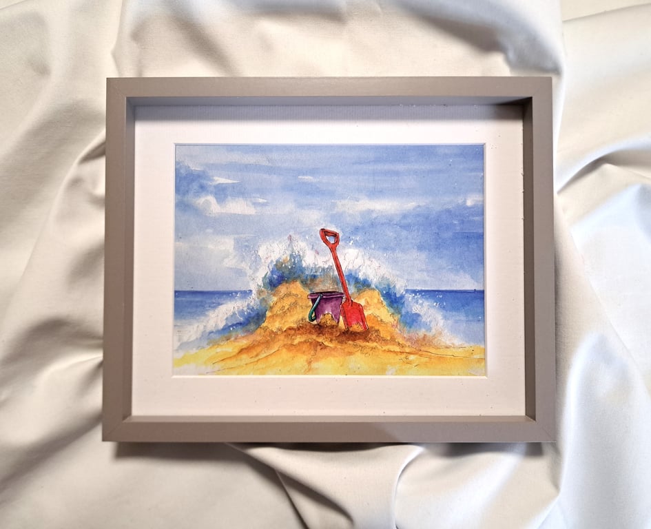 watercolour print of a Sandcastle on a Cornwall Beach