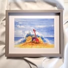 watercolour print of a Sandcastle on a Cornwall Beach