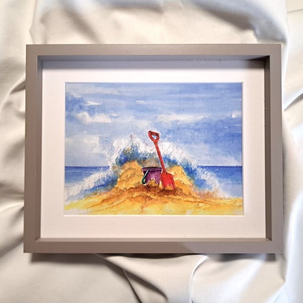 watercolour print of a Sandcastle on a Cornwall Beach