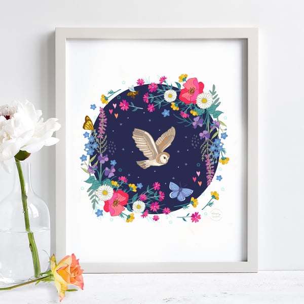 'Barn Owl and Wildflowers' Illustration Print A4 Unframed 