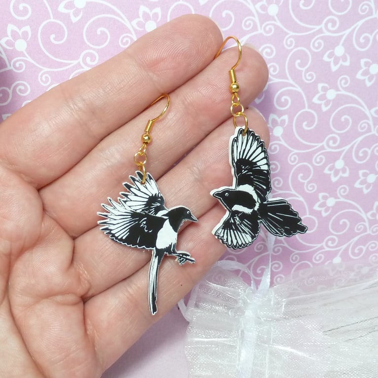 Two for joy magpie earrings on gold plated wires, laser engraved and lightweight