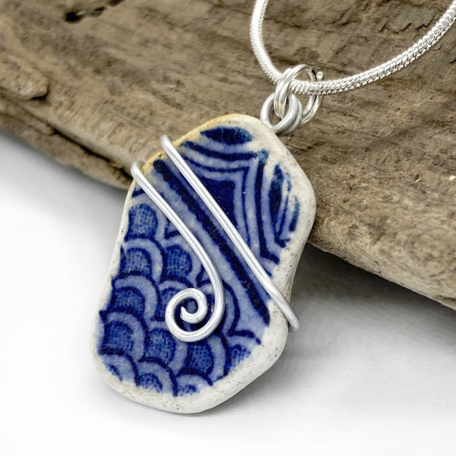 Sea Pottery Pendant - Willow Pattern Scottish Silver Wire Wrapped Jewellery