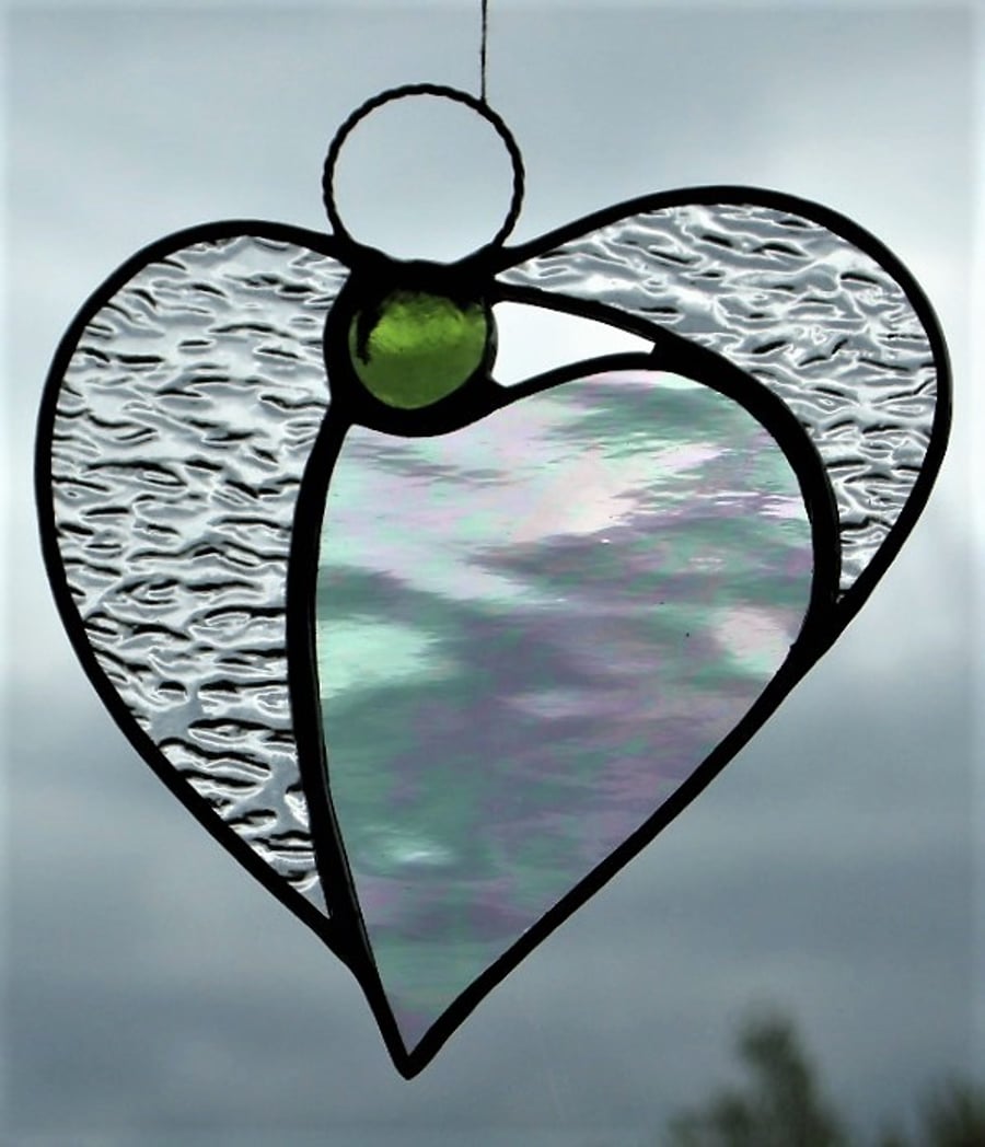 Stained glass suncatcher (Angel Heart) in textured & iridescent textured glass