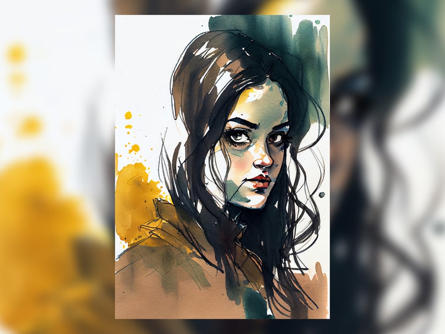 Woman with Long Black Hair, Watercolor Painting Print, Beauty-themed Art, 5x7