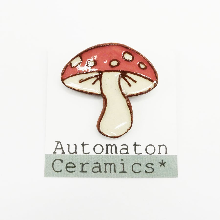 Pink Toadstool Pottery Mushroom Brooch