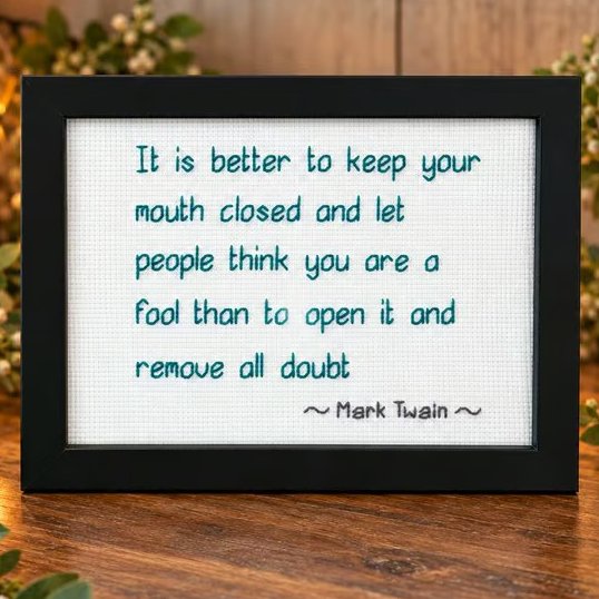 Handmade Framed Cross Stitch – Witty Mark Twain Quote –  7x5