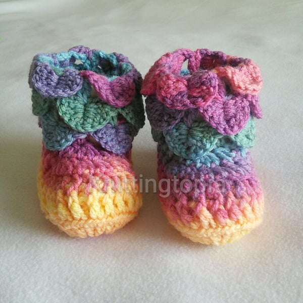 Hand crochet baby booties crocodile stitch multicoloured 3 - 6 months