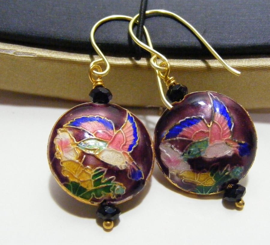 Plum Cloisonne and Agate Earrings