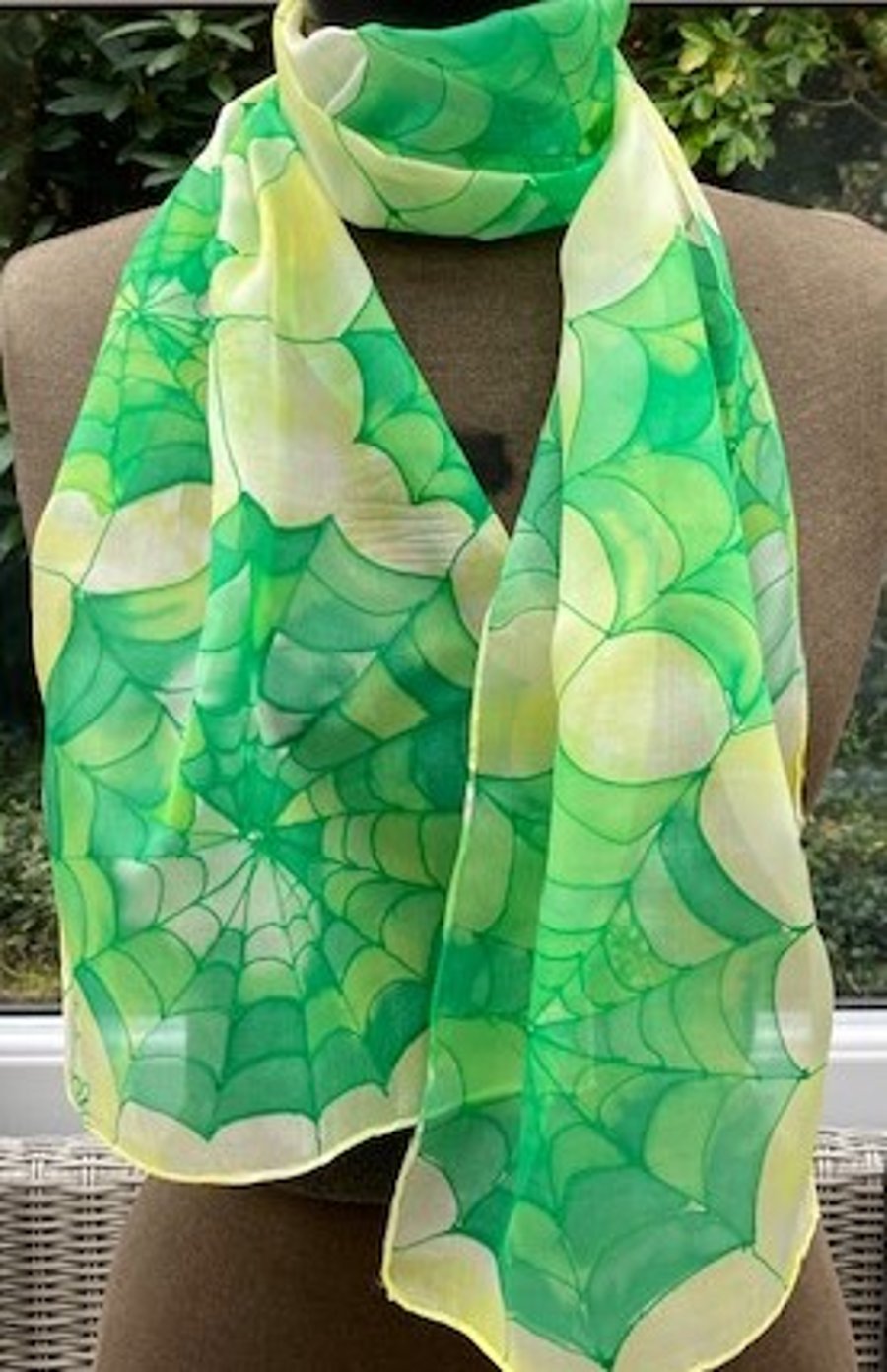 Green Cobwebs hand painted  silk scarf