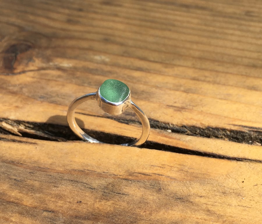 Handmade Welsh Green-Blue Sea Glass & Silver Ring 
