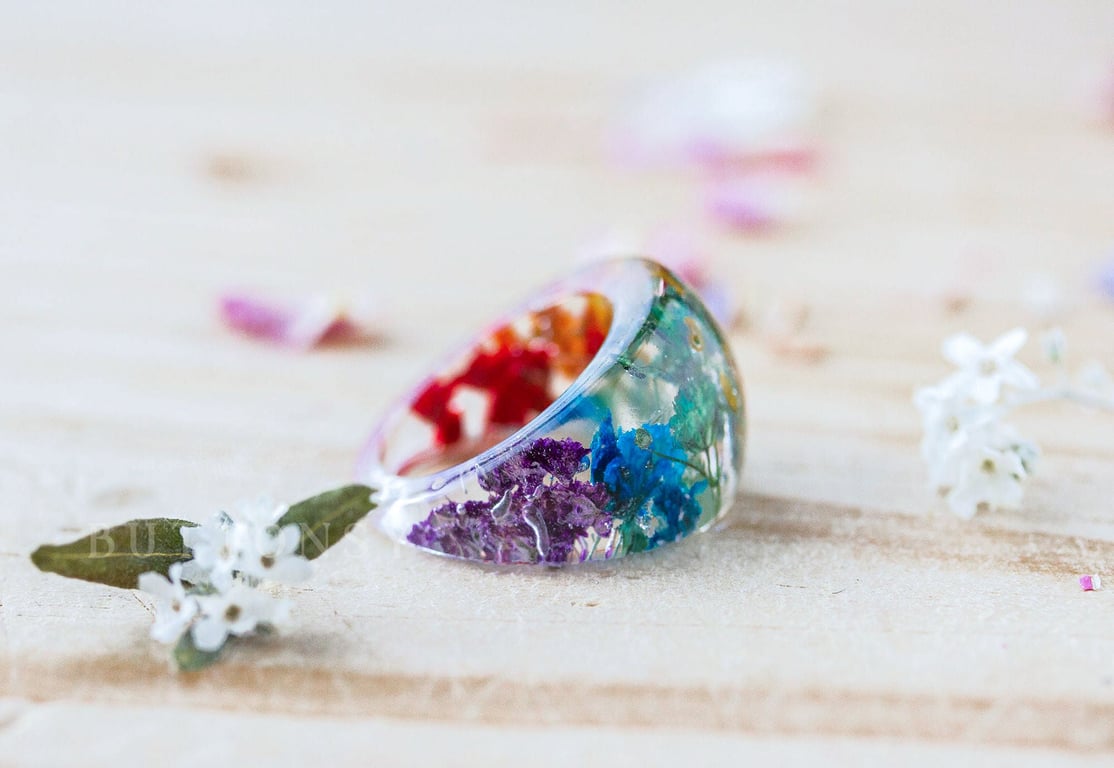 Real Flower Ring Chunky Rainbow Gyp Cocktail Ring Gifts for Her Botanical Jewelr
