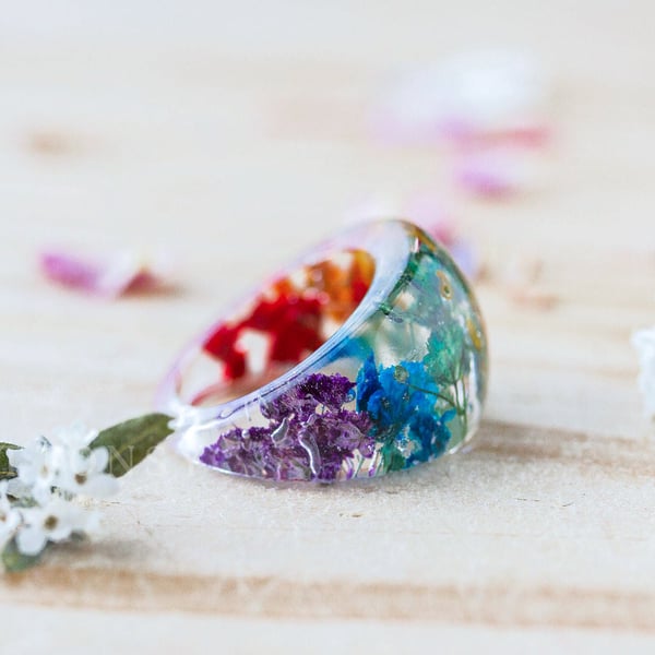 Real Flower Ring Chunky Rainbow Gyp Cocktail Ring Gifts for Her Botanical Jewelr