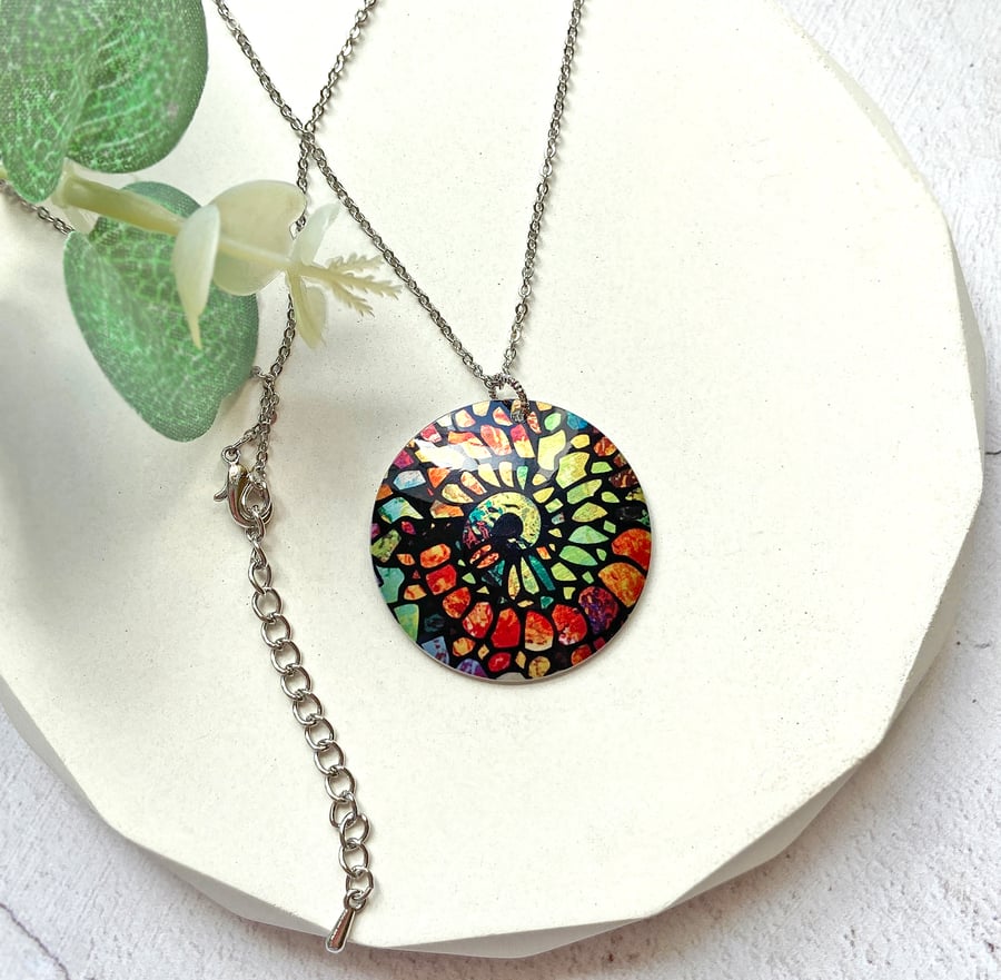 Ammonite spiral necklace, 32mm round pendant, handmade jewellery. (755)