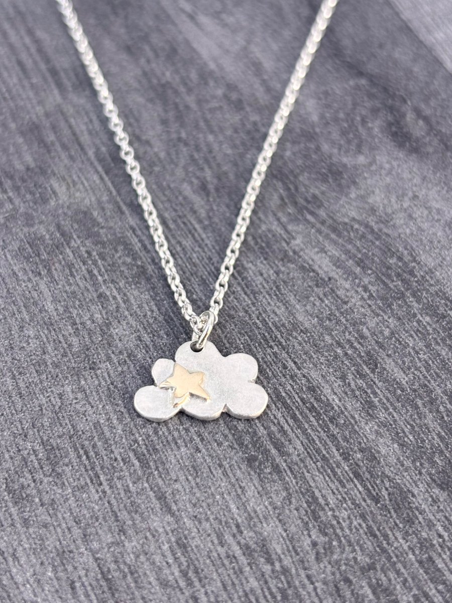 Cloud Pendant with gold star. Hammered silver cloud pendant, clouds, celestial ,