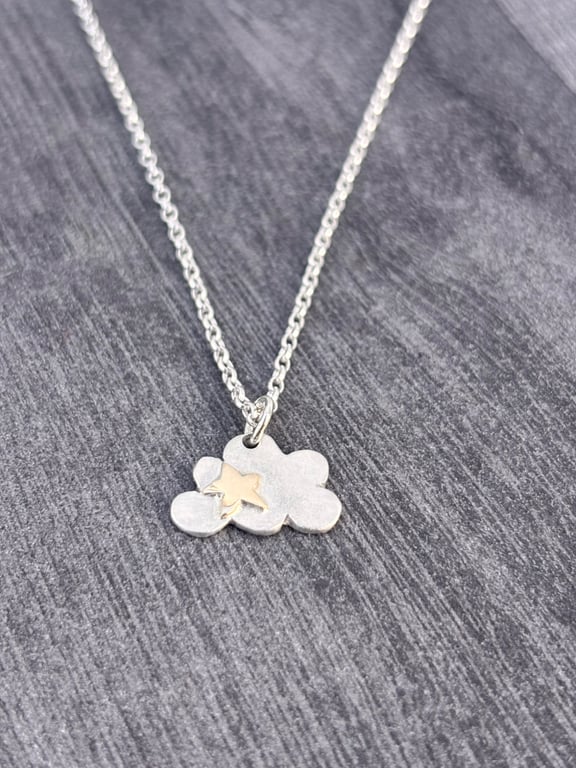 Cloud Pendant with gold star. Hammered silver cloud pendant, clouds, celestial ,