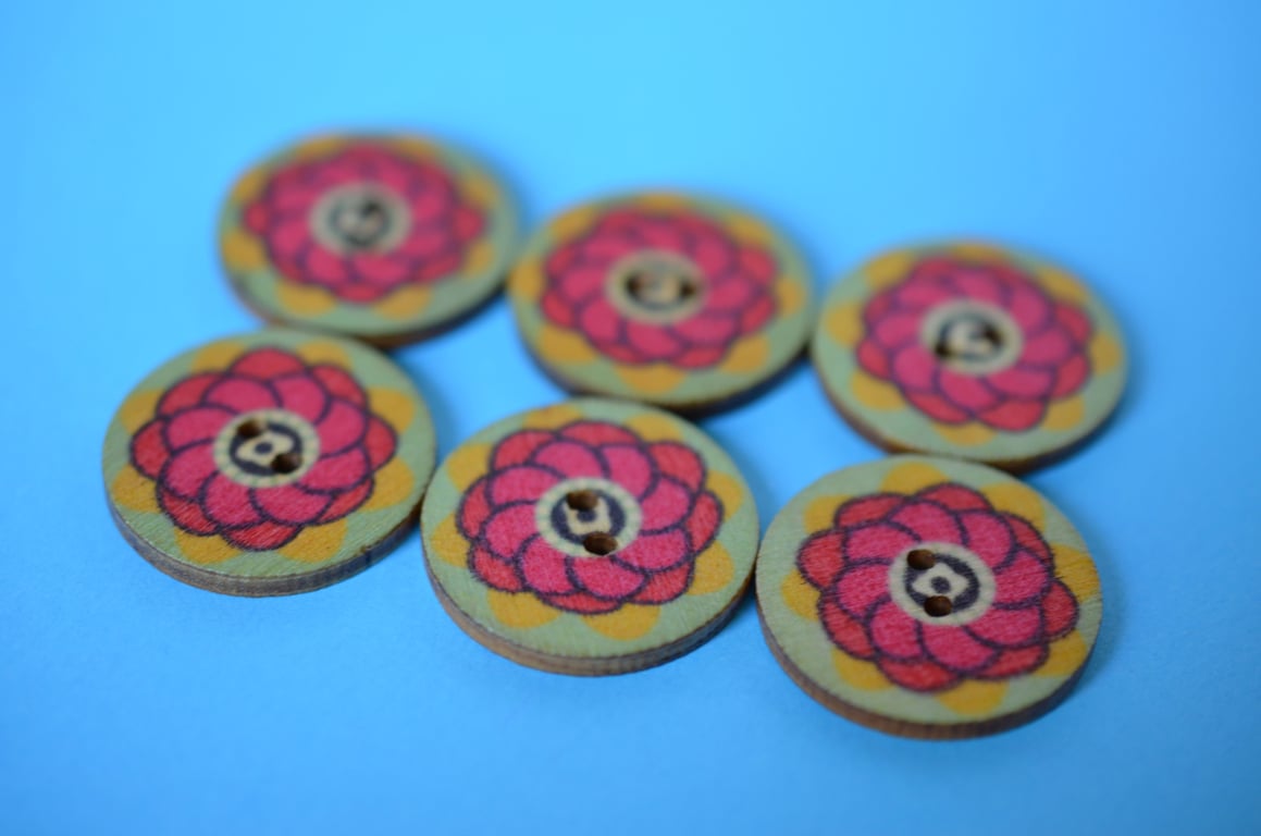 Wooden Mandala Patterned Buttons Red Yellow Aqua Flower 6pk 25mm (M16)