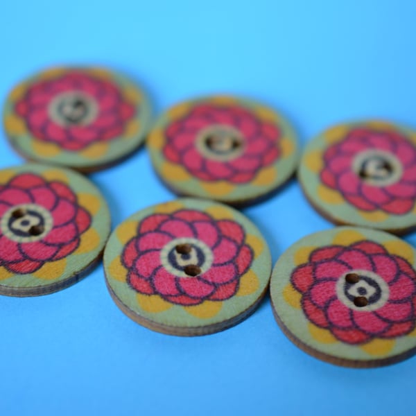 Wooden Mandala Patterned Buttons Red Yellow Aqua Flower 6pk 25mm (M16)