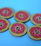Wooden Mandala Patterned Buttons Red Yellow Aqua Flower 6pk 25mm (M16) - Image 1