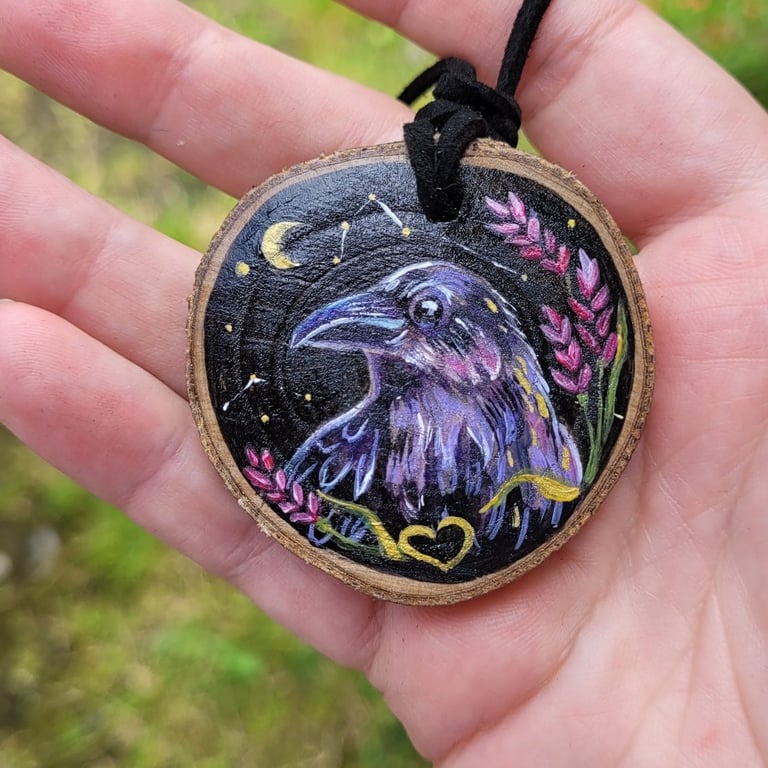 Hand Painted Crow Wood Slice Necklace, Rustic Crow Amulet Pendant, British Wildl