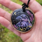 Hand Painted Crow Wood Slice Necklace, Rustic Crow Amulet Pendant, British Wildl