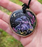 Hand Painted Crow Wood Slice Necklace, Rustic Crow Amulet Pendant, British Wildl
