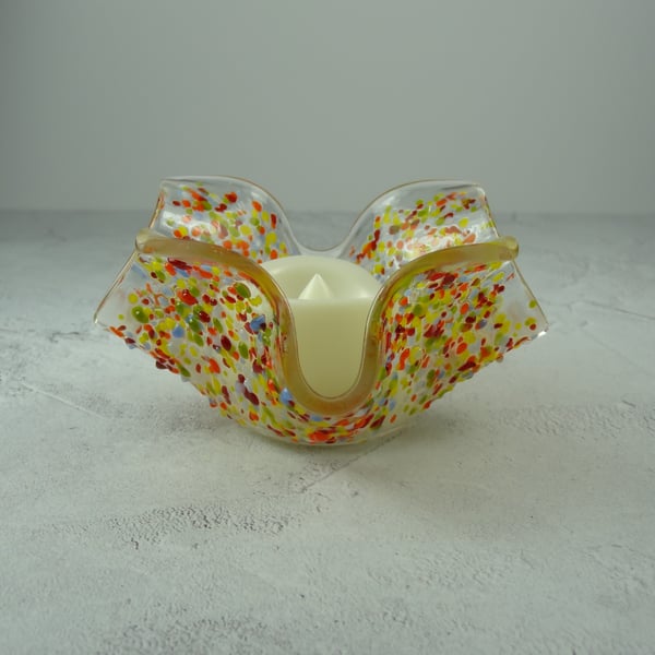 Multicoloured textured fused glass tealight holder LED flickering flame candle