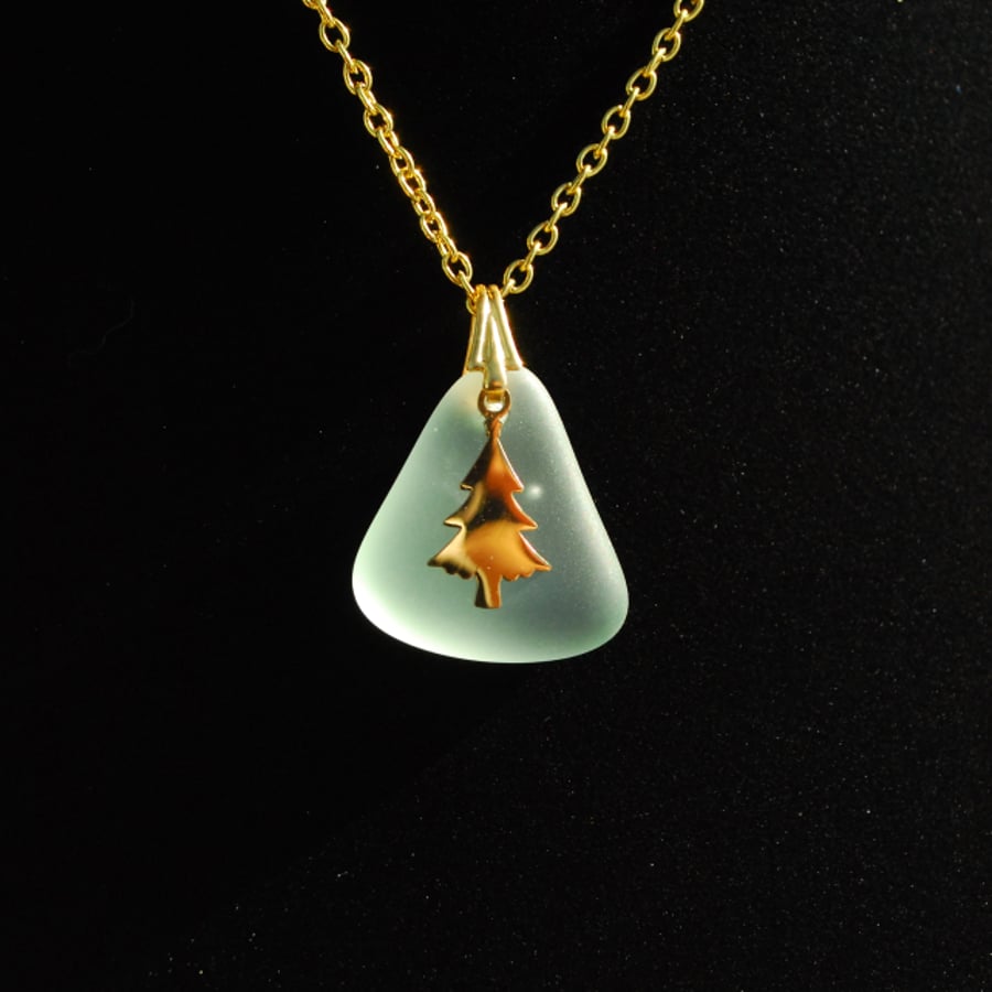 Aquamarine beach glass pendant with golden Christmas tree charm