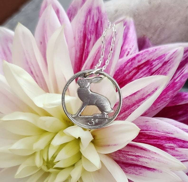 Upcycled hare pendant pierced from an Irish threepence coin