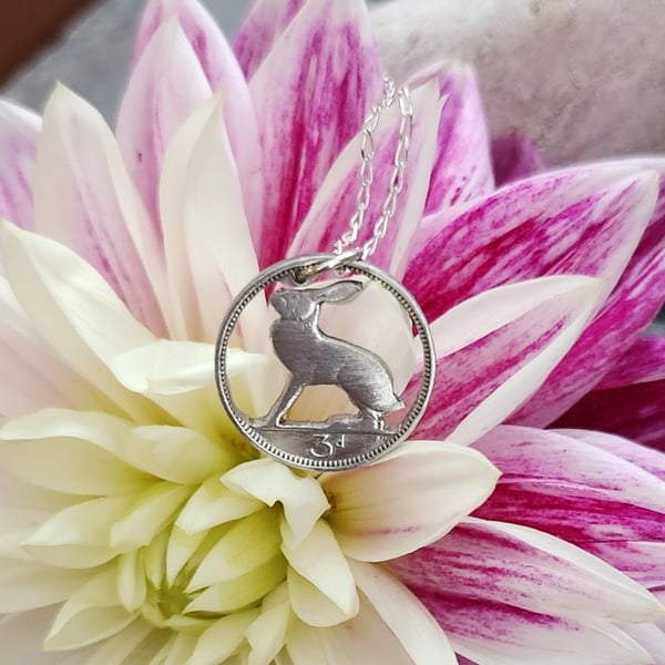 Upcycled hare pendant pierced from an Irish threepence coin