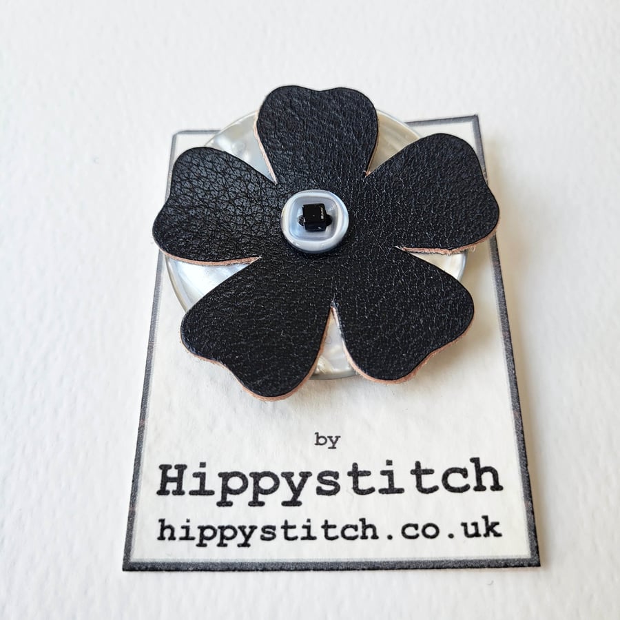Black Leather Flower & Pale Grey Button Brooch 