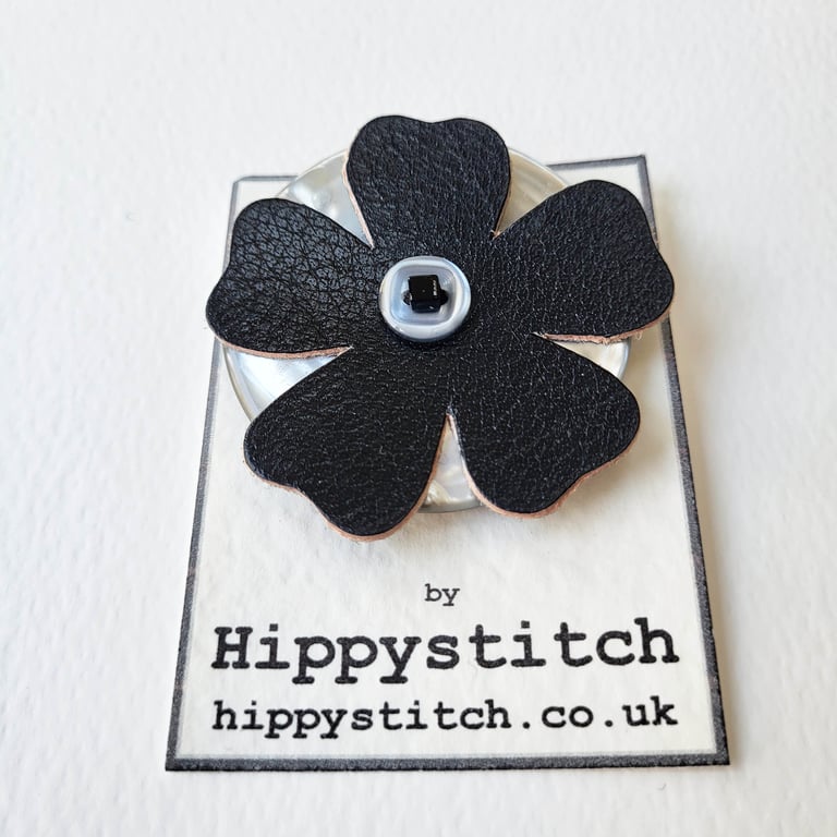 Black Leather Flower & Pale Grey Button Brooch 
