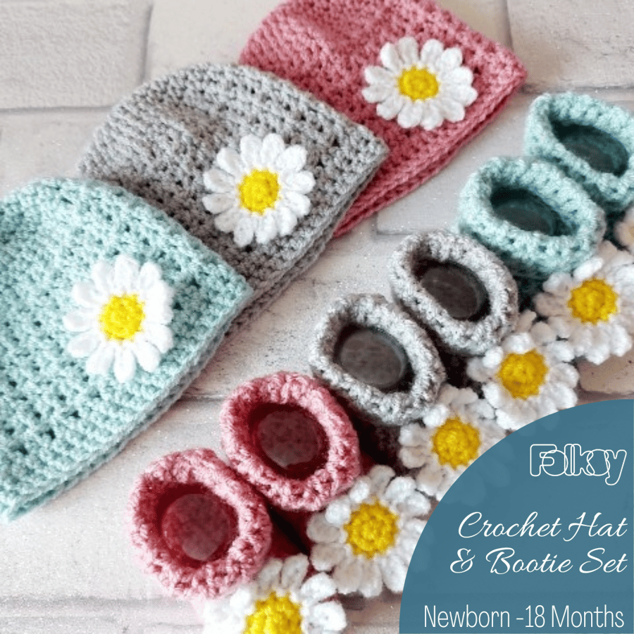 Crochet Baby Hat & Booties Daisy Set for New Baby or Baby Shower Gift
