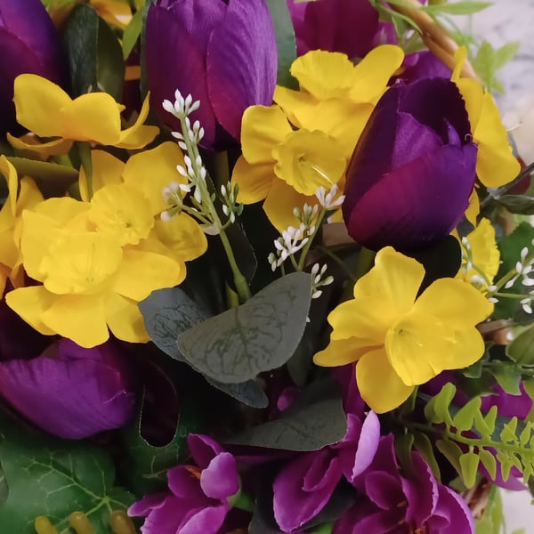  Bold and beautiful, Vintage basket with Bright Yellow and Purple flowers