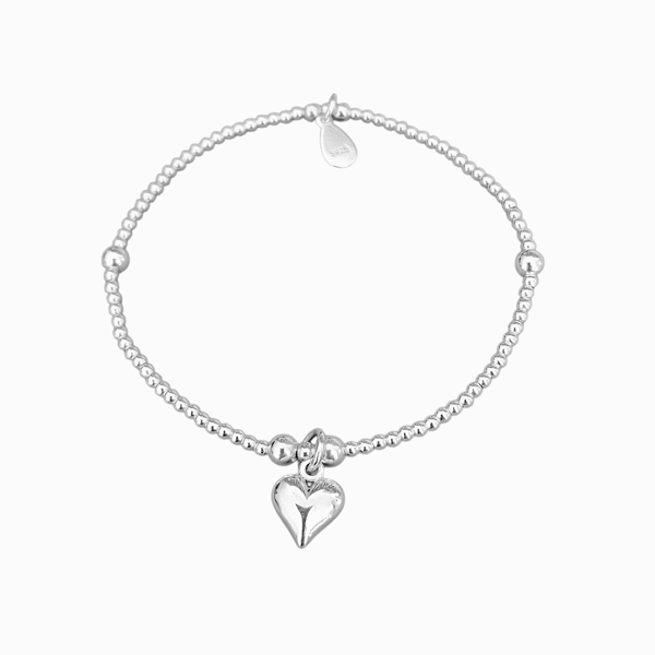 Sterling Silver Puff Heart Charm Stretch Bracelet 925
