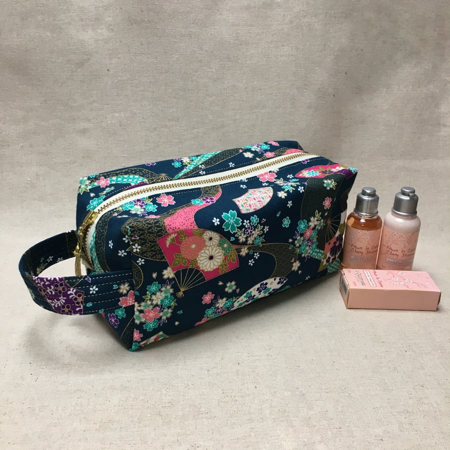 Japanese Turquoise Fans and Flowers and Liberty Fabric Toiletries Bag
