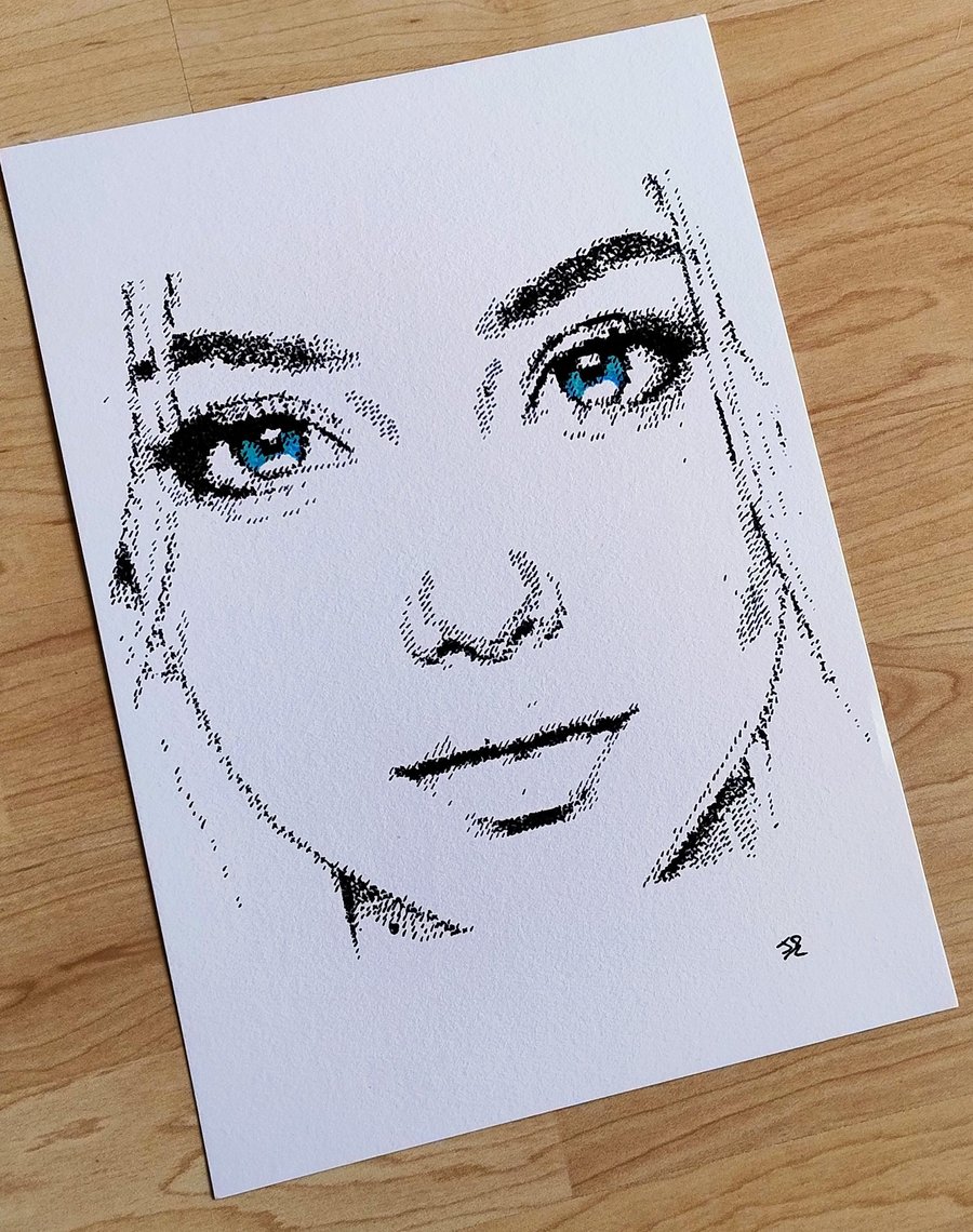 Azure Gaze - Original Hand-Drawn Minimalist Portrait in Black & Cyan Ink