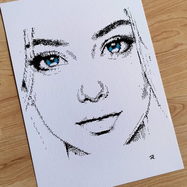 Azure Gaze - Original Hand-Drawn Minimalist Portrait in Black & Cyan Ink