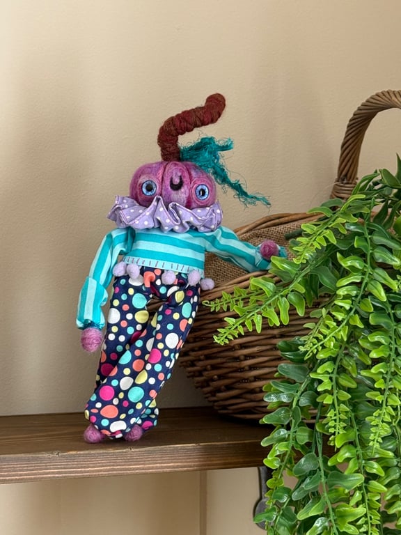 Purple Clown Needlefelted Pumpkin Art Doll