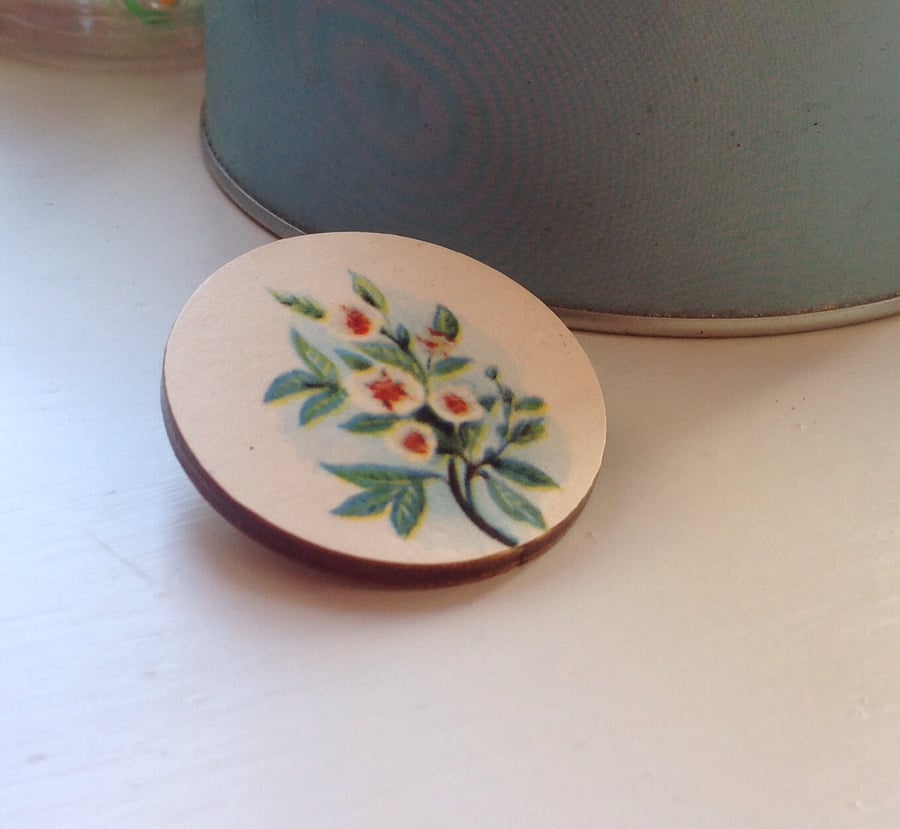 Vintage Flower Illustration Wooden Round Brooch