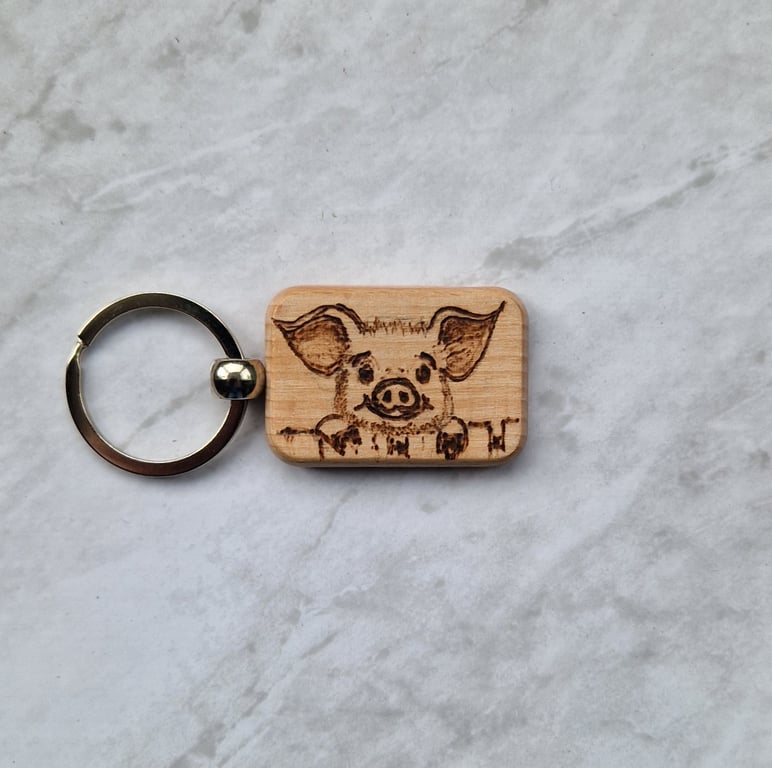 Wooden hand burned cute pig keyring
