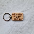 Wooden hand burned cute pig keyring