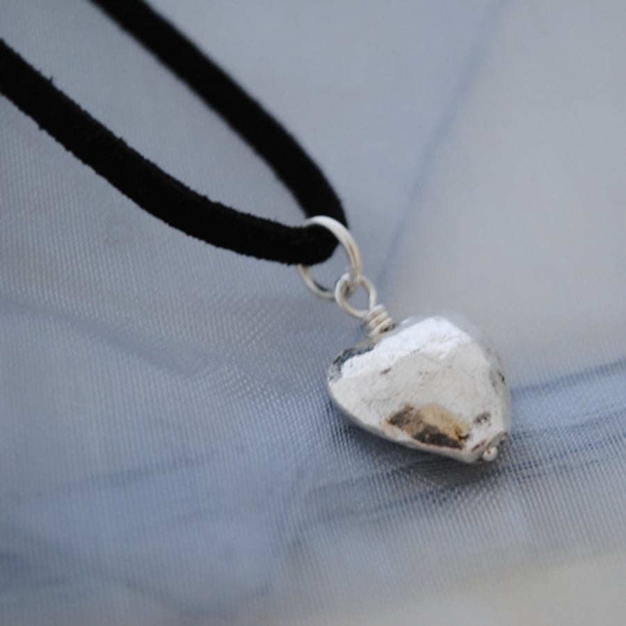 Black suede & silver heart pendant necklace