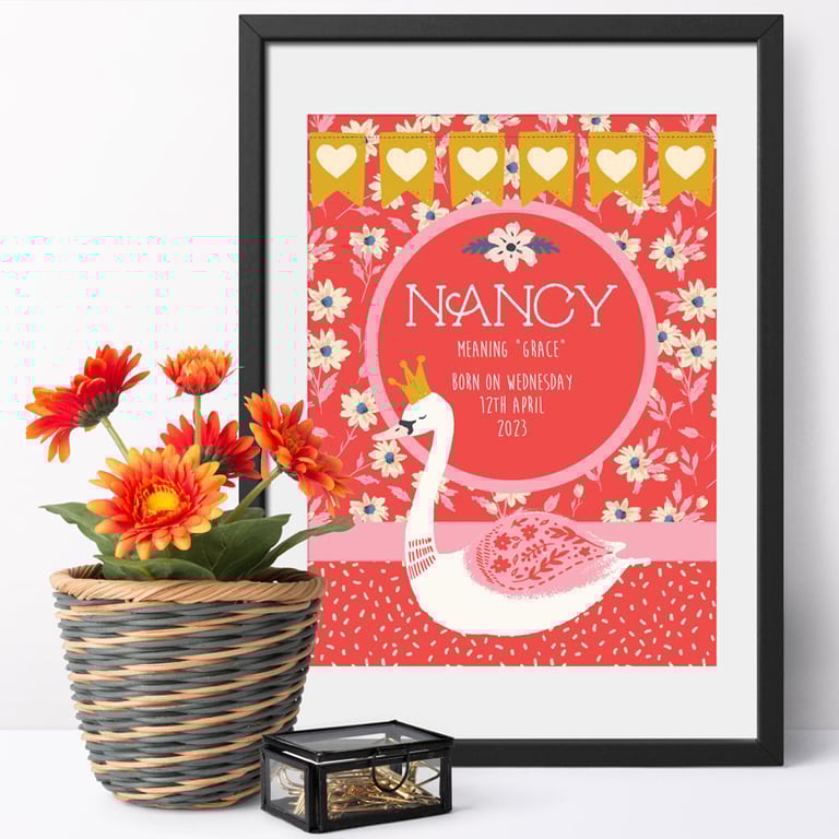 Swan - Personalised Name Meaning Nursery Print
